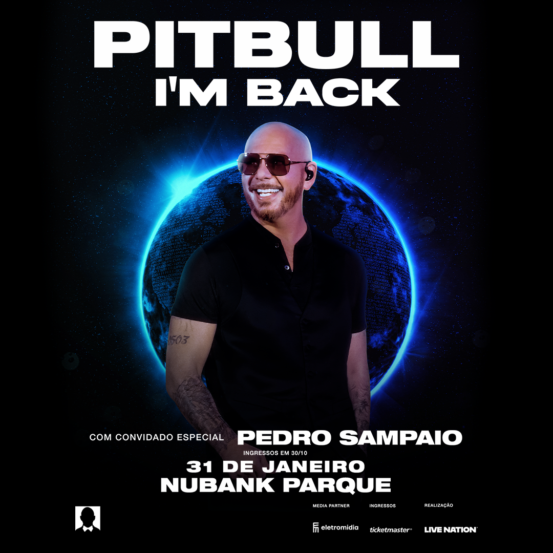 Pitbull anuncia retorno ao Brasil em janeiro de 2027, com Pedro Sampaio como convidado especial do show em São Paulo.